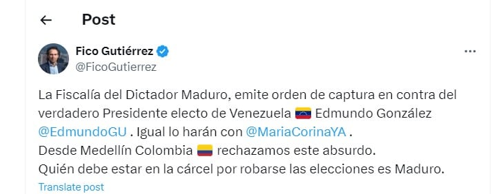 Fico Gutiérrez dijo que quien debería estar en la cárcel es Nicolás Maduro - crédito @FicoGutierrez