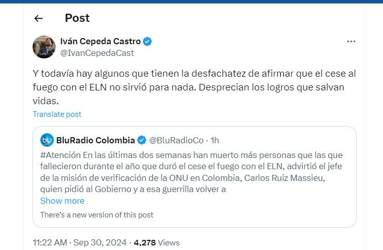 Iván Cepeda defendió el dialogo con el ELN y dijo que había personas que despreciaban esos logros - crédito @IvanCepedaCast