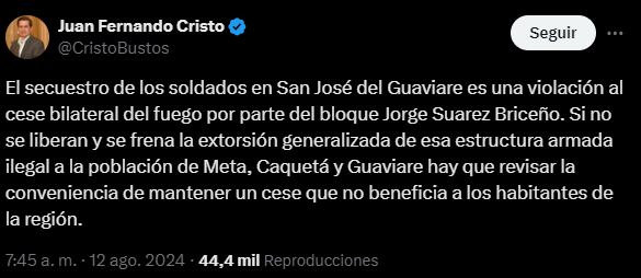 El ministro del Interior aseguró que el secuestro de los soldados en San José del Guaviare es una violación al cese bilateral del fuego - crédito @CristoBustos/X