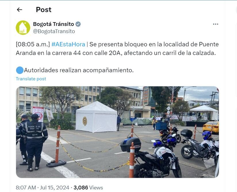 Bogotá Tránsito informó de un bloqueo en la localidad de Puente Aranda - crédito @BogotaTransito