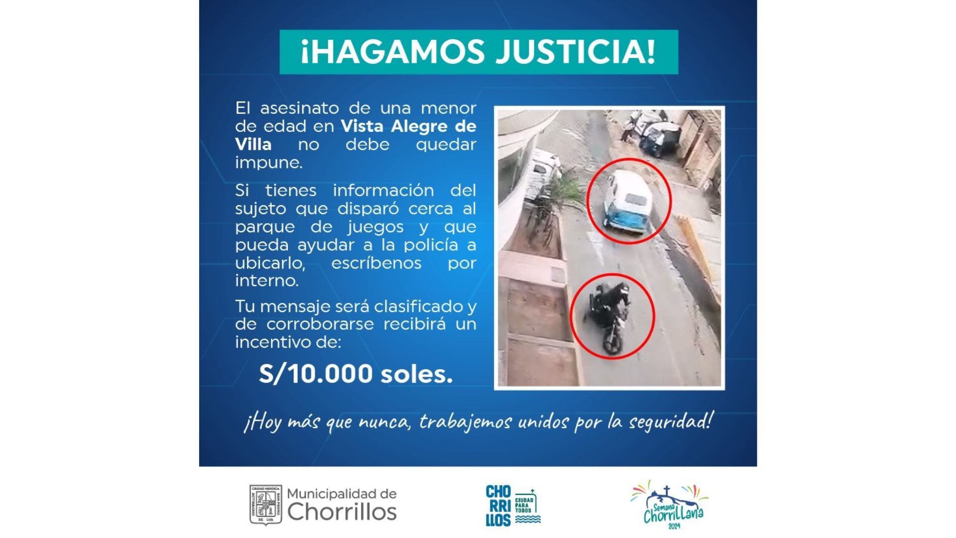 La Municipalidad de Chorrillos ha anunciado una recompensa de S/10 mil por información que conduzca a la captura del responsable del asesinato de la menor