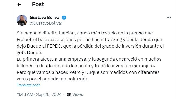 Gustavo Bolívar habla de la reciente baja de acciones de Ecopetrol - crédito @GustavoBolivar