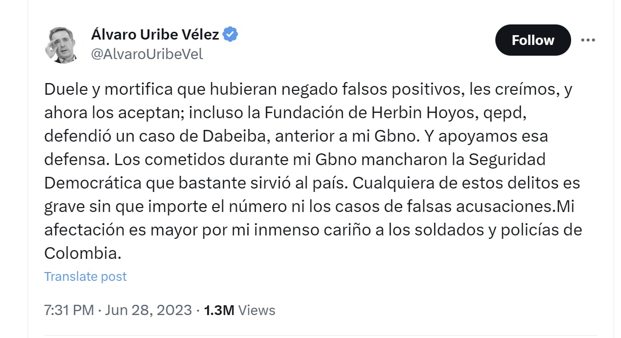 El expresidente Álvaro Uribe aseguró que los "falsos positivos" mancharon su política de seguridad democrática - crédito @AlvaroUribeVel/X