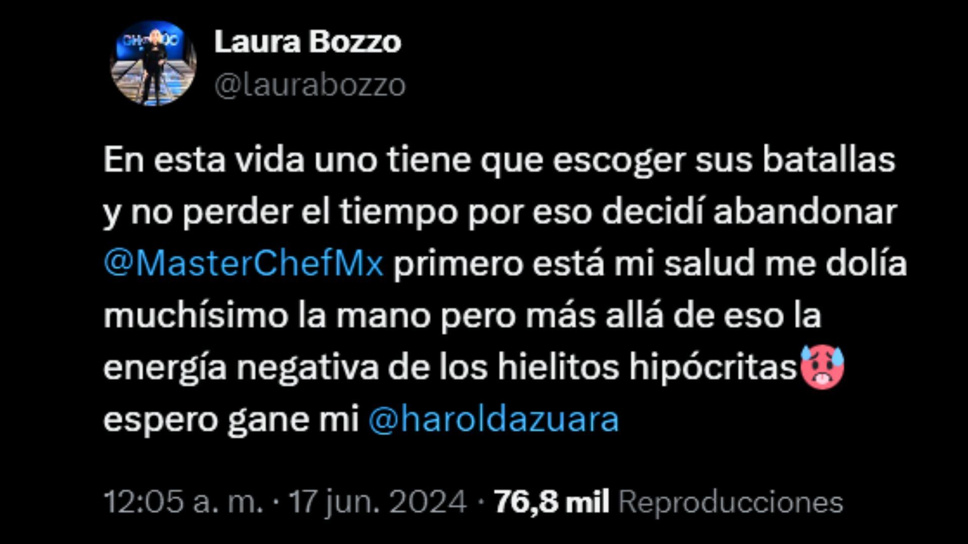 Laura Bozzo se pronunció tras abadonar 'MasterChef Celebrity'. X/@laurabozzo