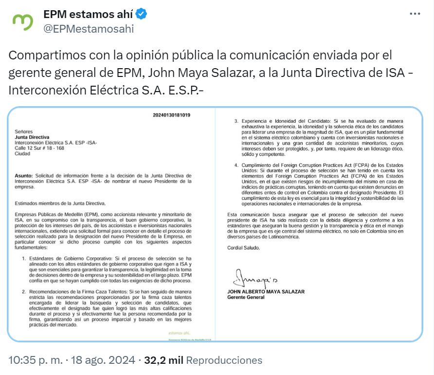 EPM solicitó información sobre el nombramiento de Jorge Carrillo como presidente de Isa - crédito red social X