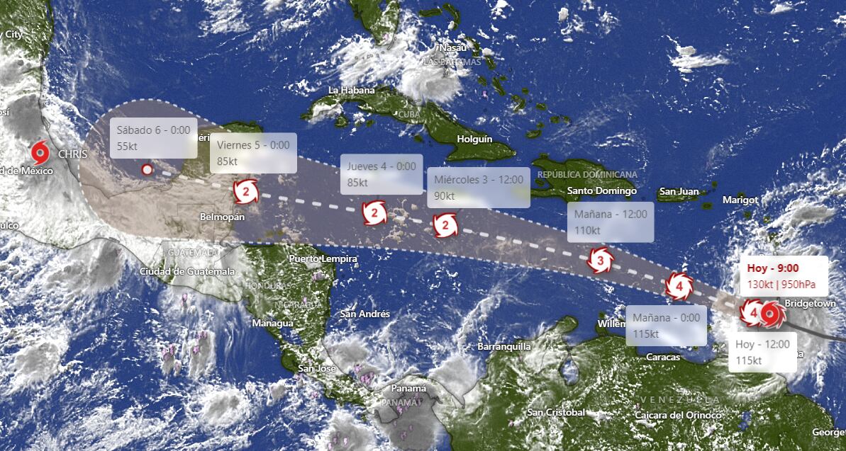 Trayectoria del Huracán Beryl en la primera semana de julio