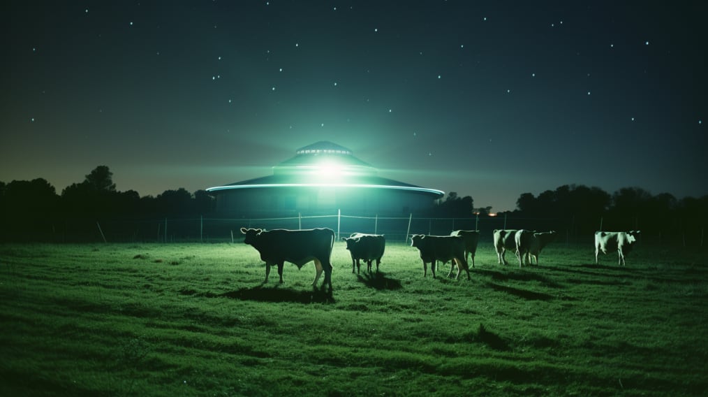 Ovnis son avistados por la noche en un campo con ganado. Los destellos de luz del UFO iluminan la noche tranquila. (Imagen ilustrativa Infobae)