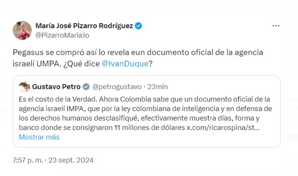 María Fernanda Cabal apoyó la decisión de Petro de revelar información confidencial - crédito @PizarroMariaJo/X