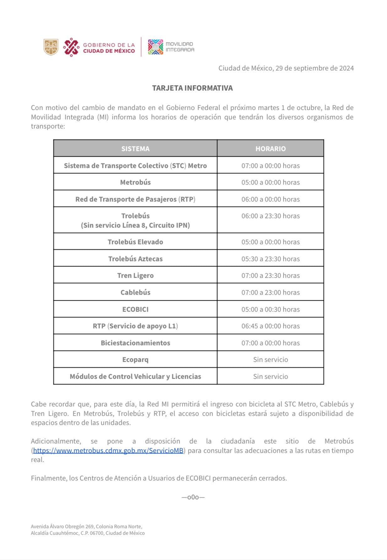 horario transporte cdmx 1 octubre - metro - metrobus