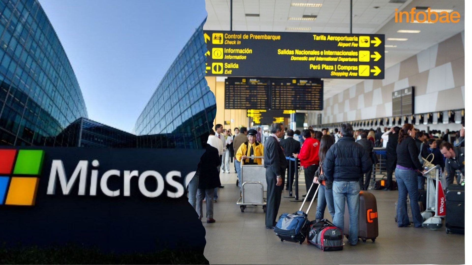 Aeropuerto Jorge Chávez reporta retrasos de vuelos por caída de Microsoft| AFP/Andina (Composición Infobae)