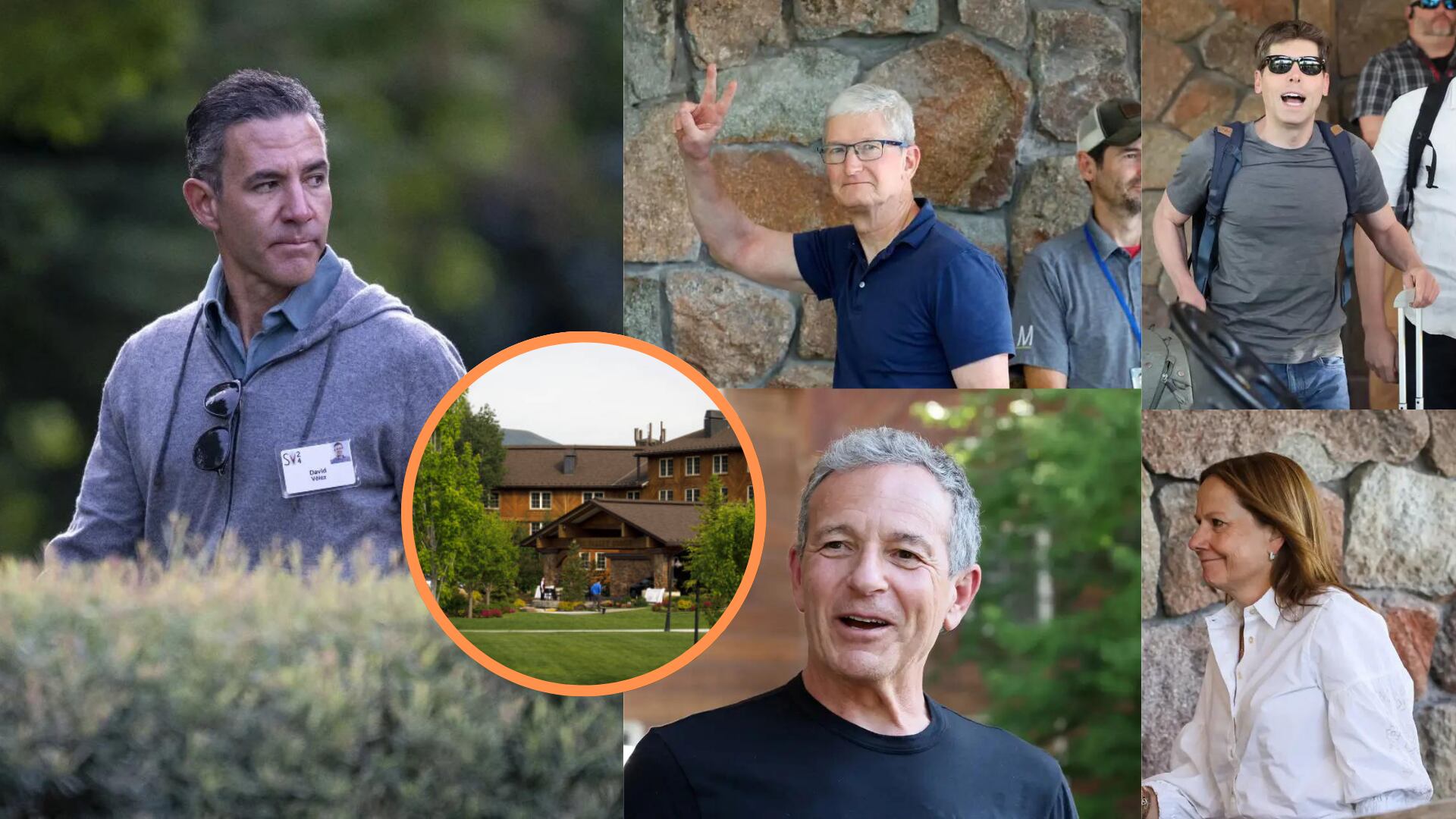 David Vélez, antioqueño, participó en la conferencia para multimillonarios en Sun Valley, Idaho, Estados Unidos. En la foto, Tim Cook, CEO de Apple,  Bob Iger, de Disney, Sam Altman, CEO de Open AI y Mary Barra, CEO de General Motors - crédito Getty Images; Brendan McDermid/Reuters; Kevork Djansezian/Getty Images