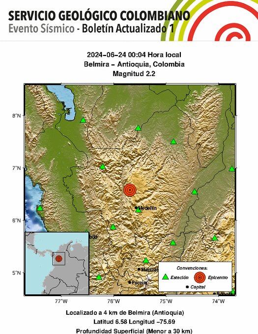 Temblor en Antioquia, en las primeras horas del lunes 24 de junio. (Crédito: @sgcol / X)