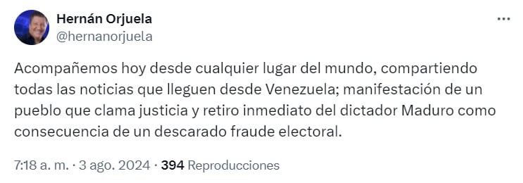 El presentador puso a su disposición sus redes sociales para difundir lo que ocurre en Venezuela - crédito @hernanorjuela/X