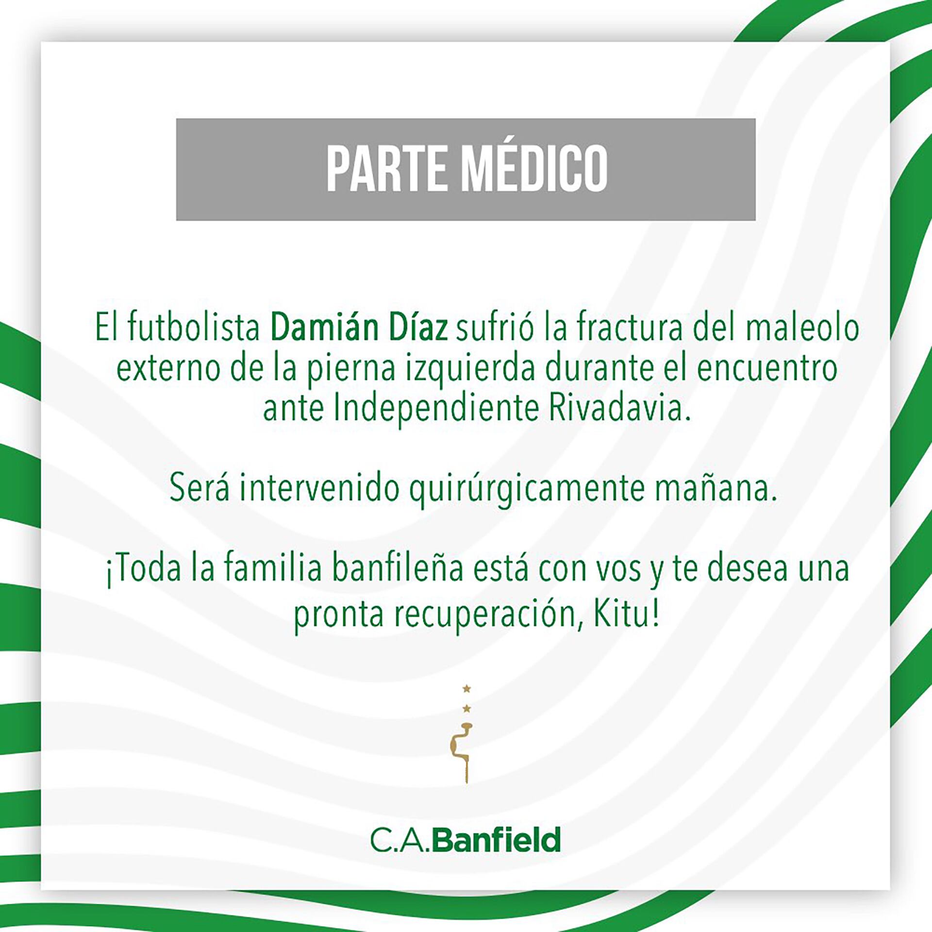 Parte médico de la lesión de Damián Díaz, de Banfield