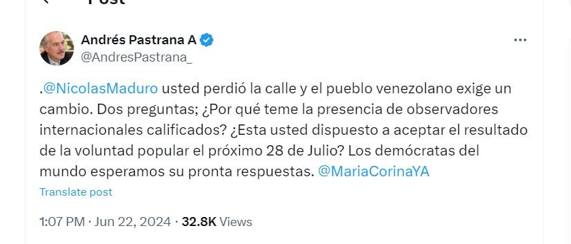 Andrés Pastrana habla de las elecciones en Venezuela del 28 de julio - crédito @AndresPastrana_