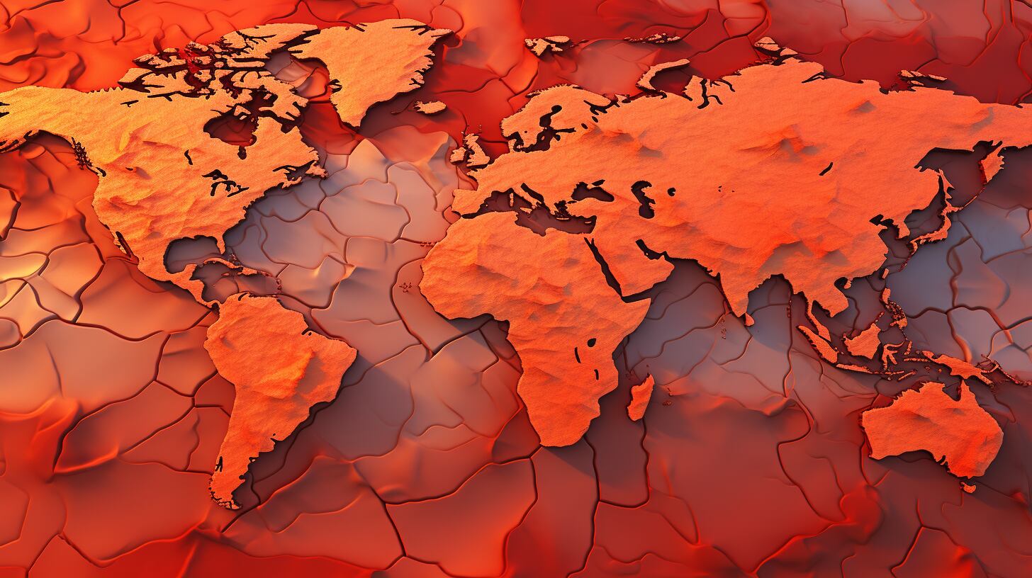 Una representación visual de un mapa mundial en rojo, simbolizando la tierra quebrada y las altas temperaturas, como un recordatorio de las graves consecuencias del cambio climático para el futuro de nuestro planeta. (Imagen ilustrativa Infobae)