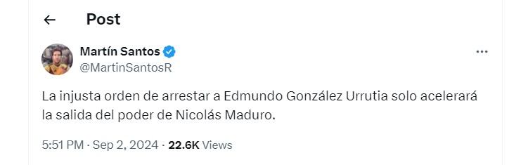 Martín Santos dice que la orden de captura a González solo acelerará la caída del poder de Nicolás Maduro - crédito @MartinSantosR