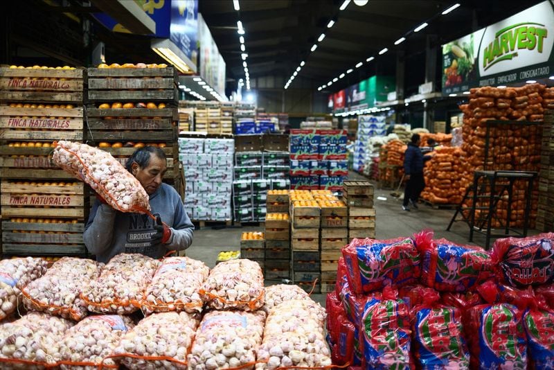 Foto de archivo. Un vendedor lleva un saco de ajo en el Mercado Central. REUTERS/Matías Baglietto