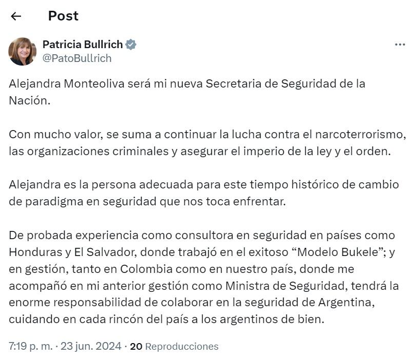 Patricia Bullrich designó a Alejandra Monteoliva