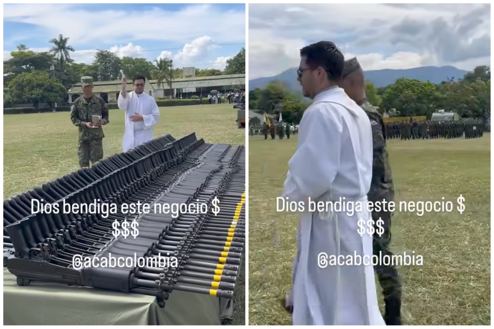 El video de un sacerdote bendiciendo armas, ya viral, ha suscitado indignación. Las opiniones críticas aluden al mandamiento “No matarás” y la incompatibilidad con valores religiosos - crédito captura de pantalla @acabcolombia