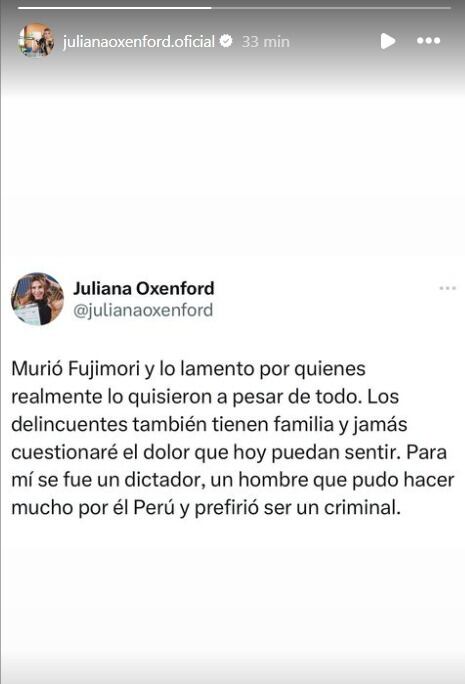 Juliana Oxenford envía mensaje tras muerte de Fujimori.