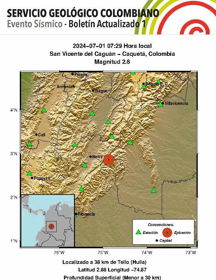 El Servicio Geológico  Colombiano reportó un sismo en San Vicente del Caguán - crédito @sgcol/X