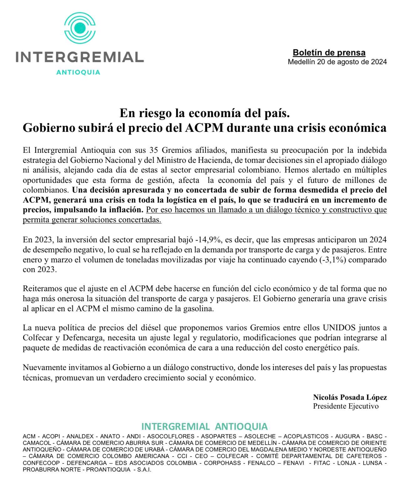 Respuesta de Intergremial Antioquia a la inminente subida en el precio del galón de Acpm anunciada por el ministro de Hacienda Ricardo Bonilla - crédito @INTERGREMIALant/X