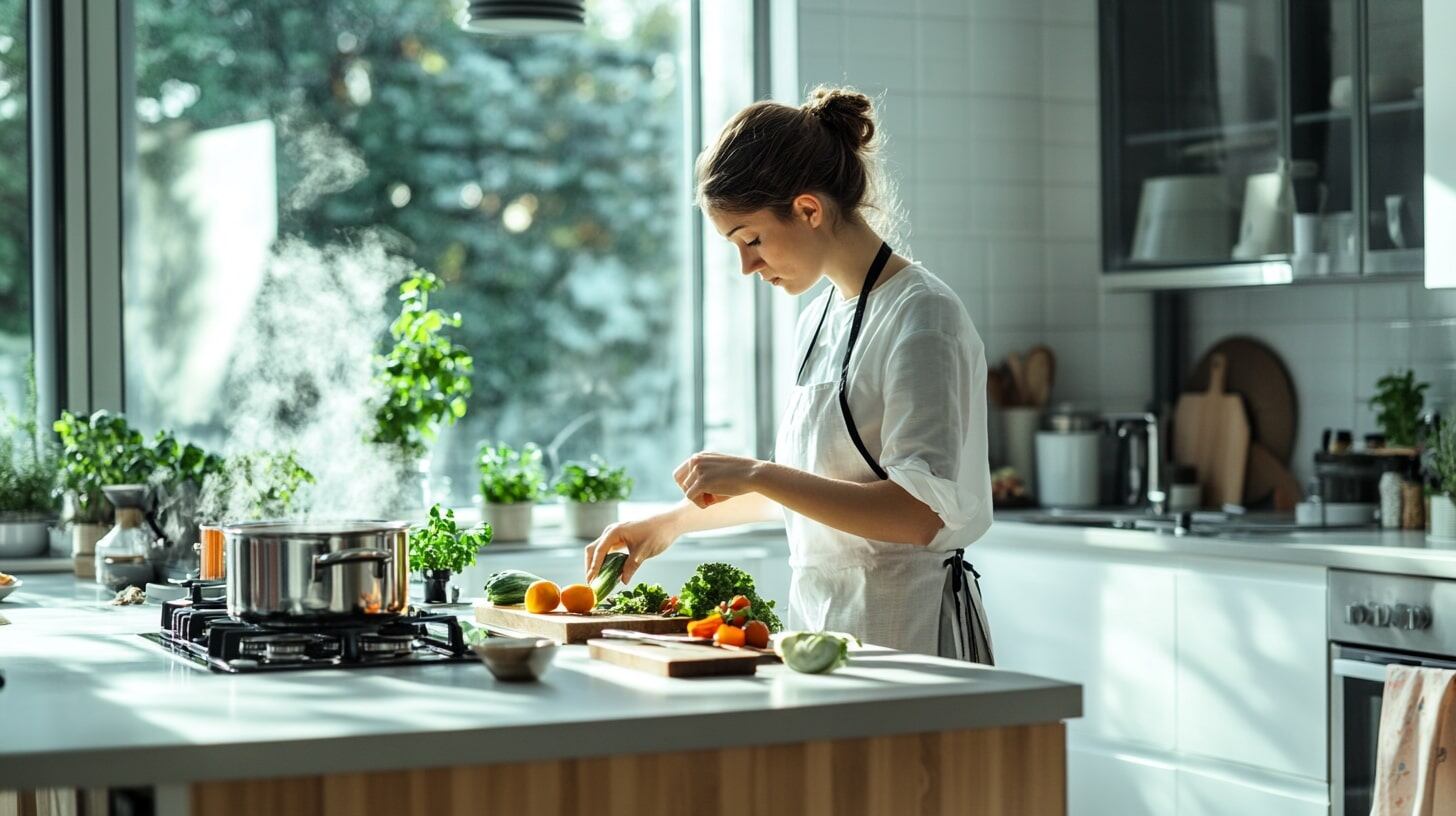 Imagen de una cocina moderna y luminosa con una persona joven cocinando. Otras opciones: diseño contemporáneo, espacio acogedor, estilo minimalista. - (Imagen Ilustrativa Infobae)