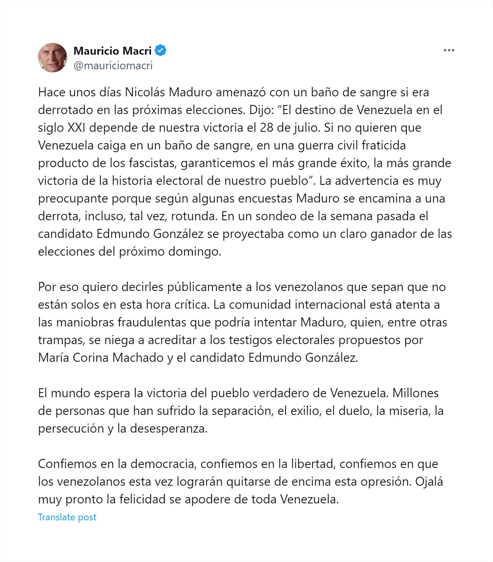 Mauricio Macri habló sobre las elecciones en Venezuela