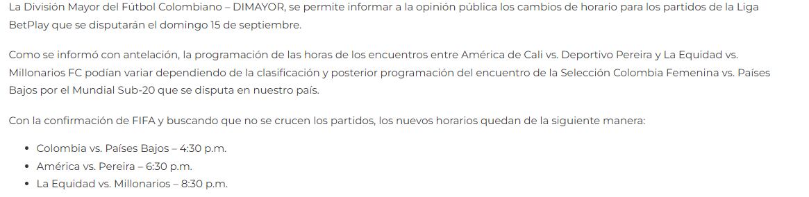 Así lo notificó en su página web el cambio de horarios, la división del fútbol profesional colombiano - crédito página oficial Dimayor