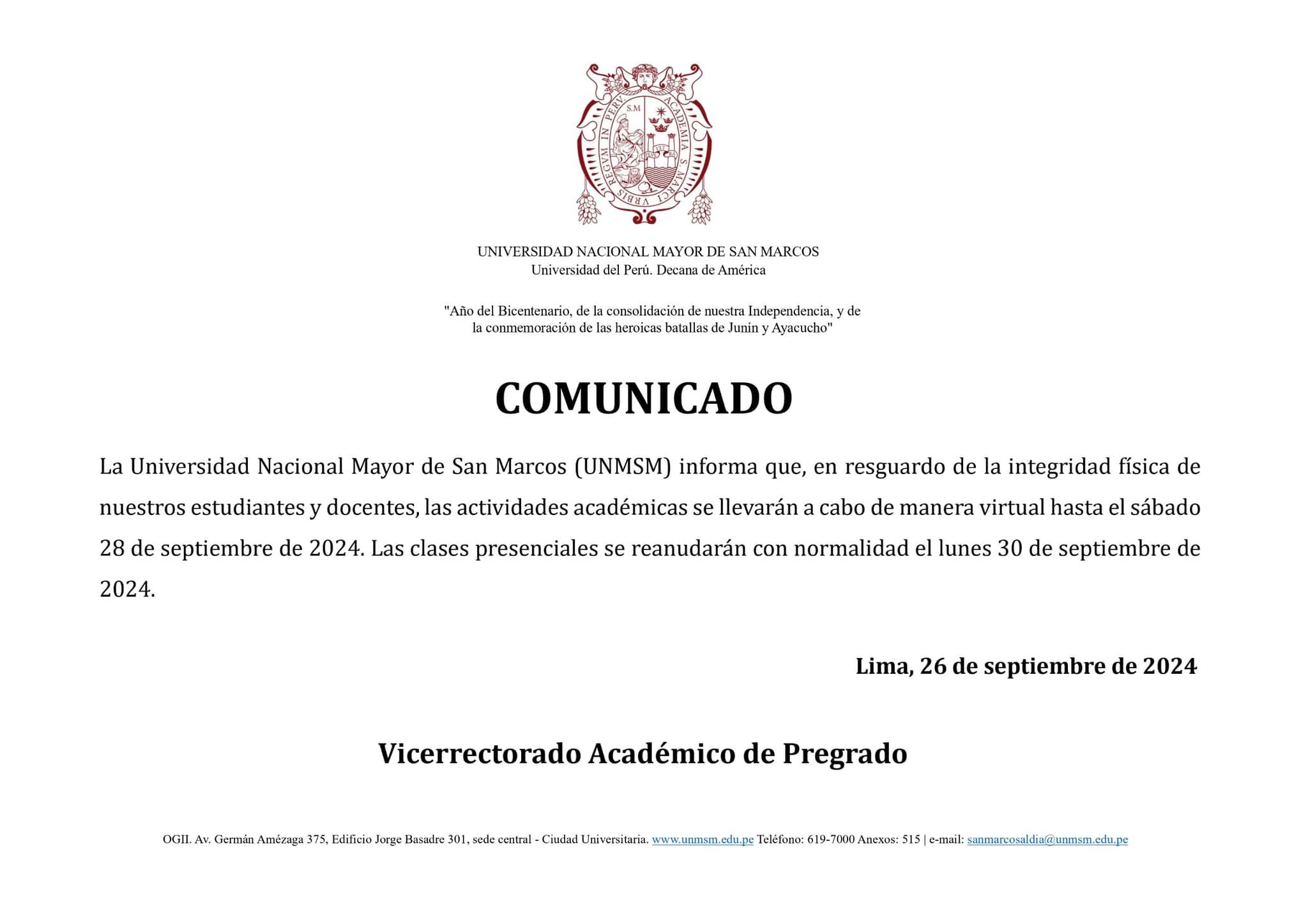 Comunicado de la UNMSM.