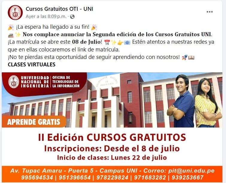 UNI anuncia cursos gratis