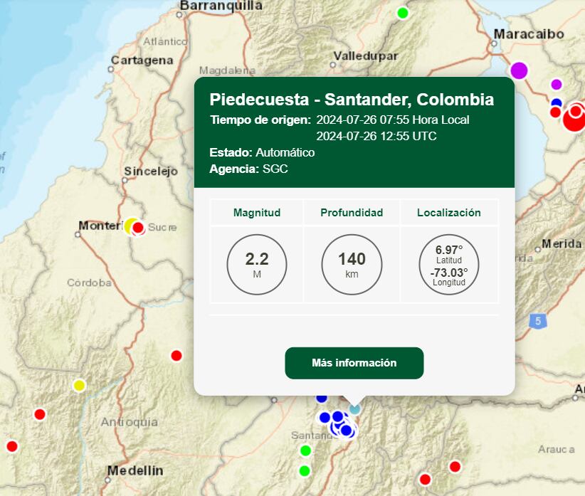 Sismo en Piedecuesta, Santander - crédito Servicio Geológico Colombiano