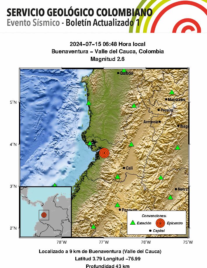 Servicio Geológico Colombiano informó de un temblor en el Valle del Cauca (Buenaventura)