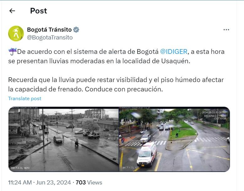 Bogotá Tránsito advierte a conductores por lluvias en Usaquén - crédito @BogotaTransito