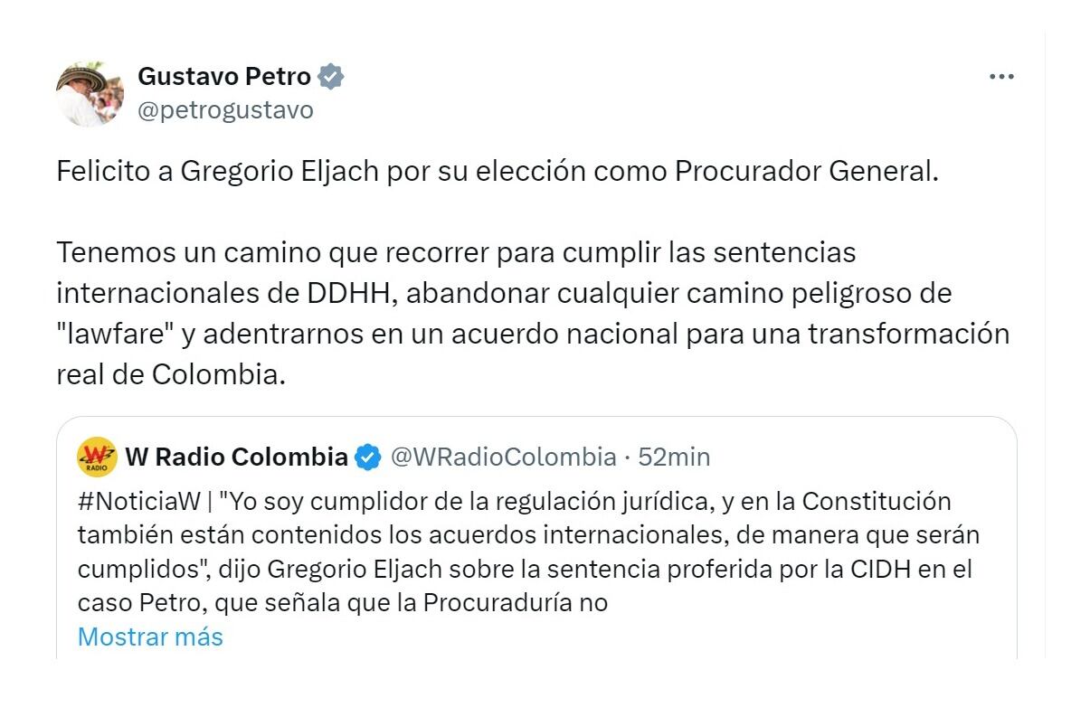 Gustavo Petro y su felicitación a Gregorio Eljach como nuevo procurador General