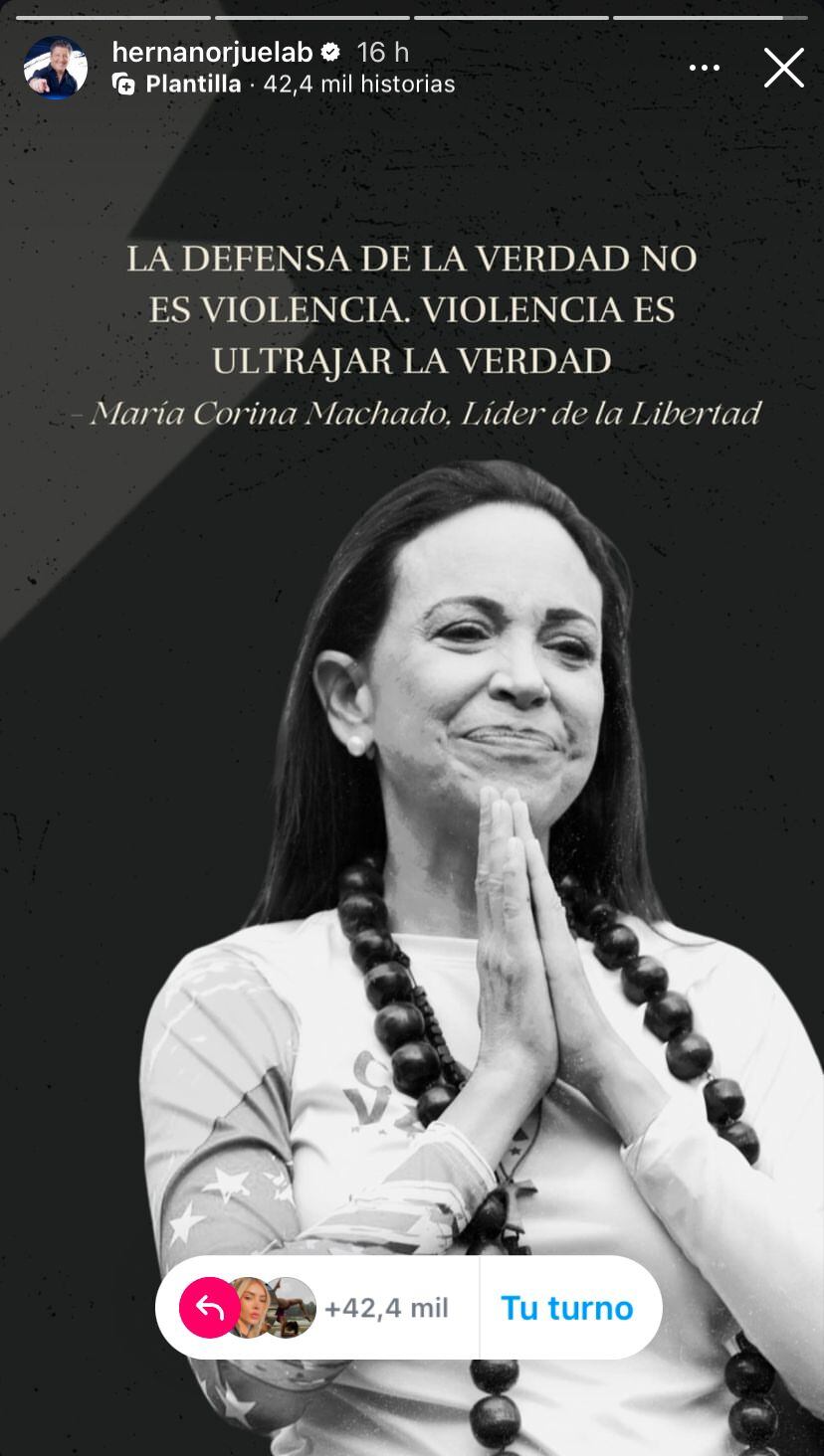 Orjuela compartió una imagen de Maria Corina Machado, líder de la oposición a Maduro - crédito @hernanorjuelab/Instagram