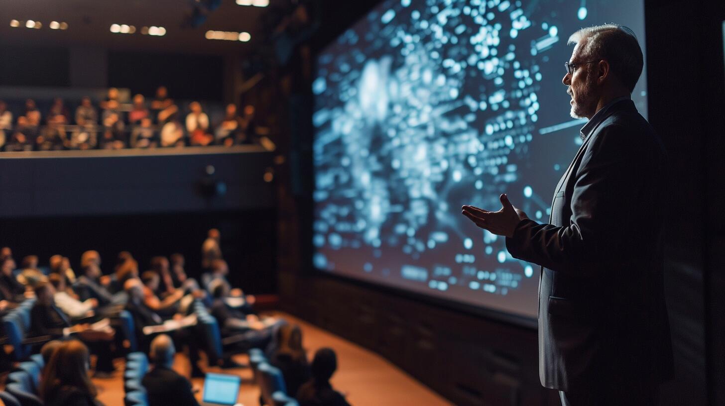 Profesional exponiendo en un auditorio sobre inteligencia artificial, con la audiencia atenta a su presentación. La fotografía ilustra la relevancia de compartir y discutir avances en tecnología, ciencia e investigación, y cómo los eventos como conferencias son vitales para la comunidad científica y tecnológica. (Imagen ilustrativa Infobae)