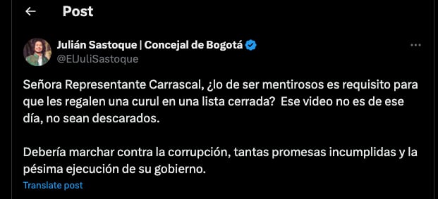 Julián Sastoque arremetió en contra de la representante María Fernanda Carrascal - crédito @ElJuliSastoque