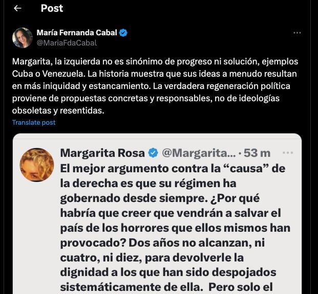 María Fernanda Cabal crítica a la izquierda por mensaje de Margarita Rosa de Francisco - crédito @MariaFdaCabal