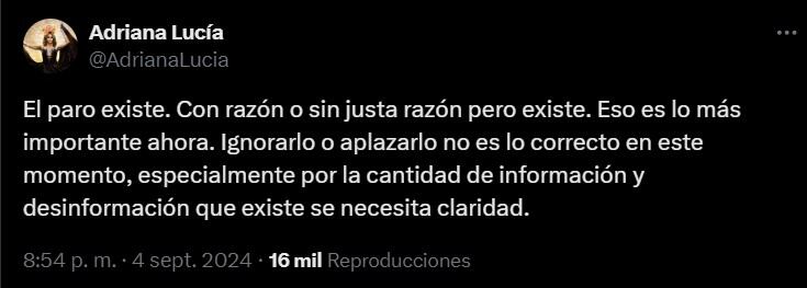 La cantante afirmó que Petro no debe ignorar o aplazar las decisiones con relación al paro de camioneros - crédito @AdrianaLucia/X