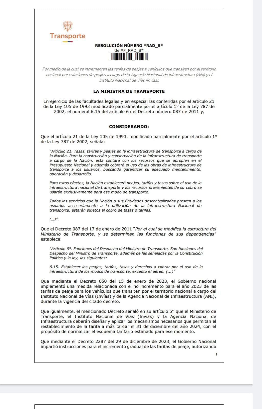 El Gobierno nacional publicó para comentario la resolución que permite el aumento de la tarifa de los peajes, que entraría en vigencia el 1 de agosto de 2024 - crédito Ministerio de Transporte