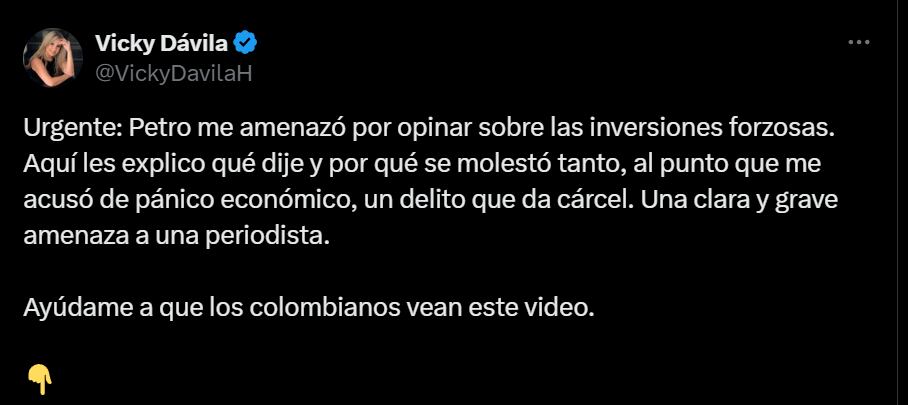 Esta fue la denuncia de Vicky Dávila al presidente - crédito @VickyDavilaH/X