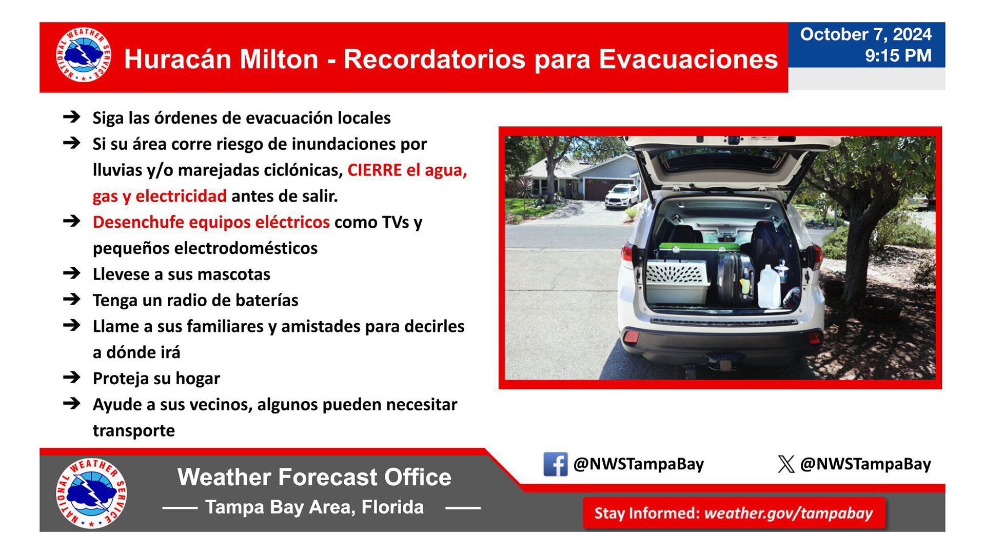 Huracán Milton - Recordatorio para evacuaciones