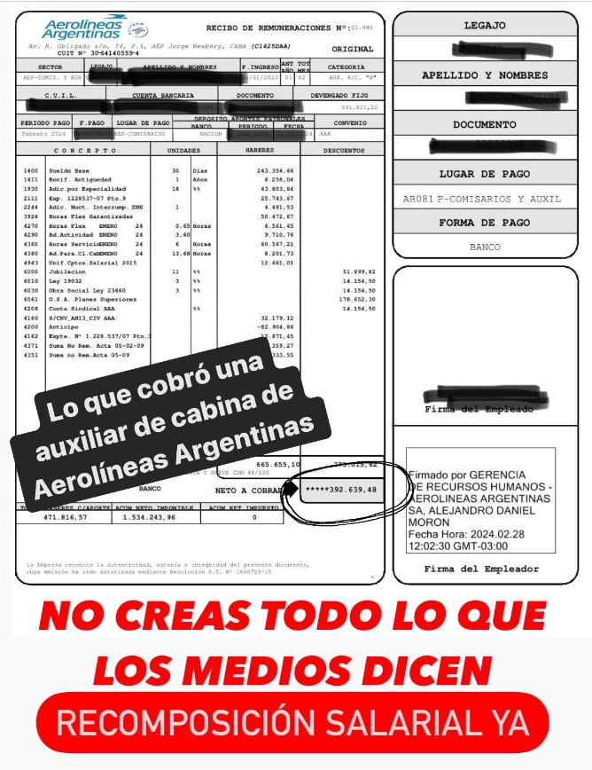 El recibo de sueldo de un trabajador de Aerolíneas Argentinas