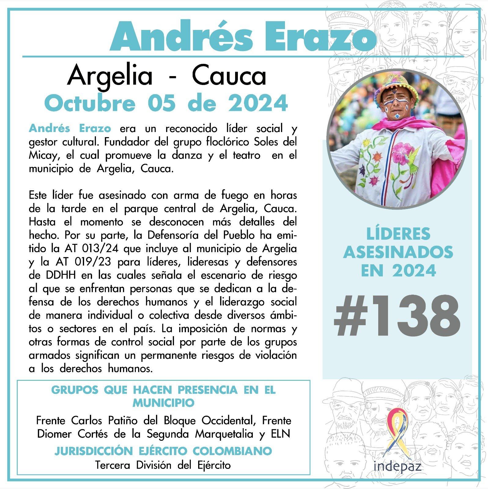 Líder social 138 fue asesinado en Argelia, Cauca - crédito Indepaz