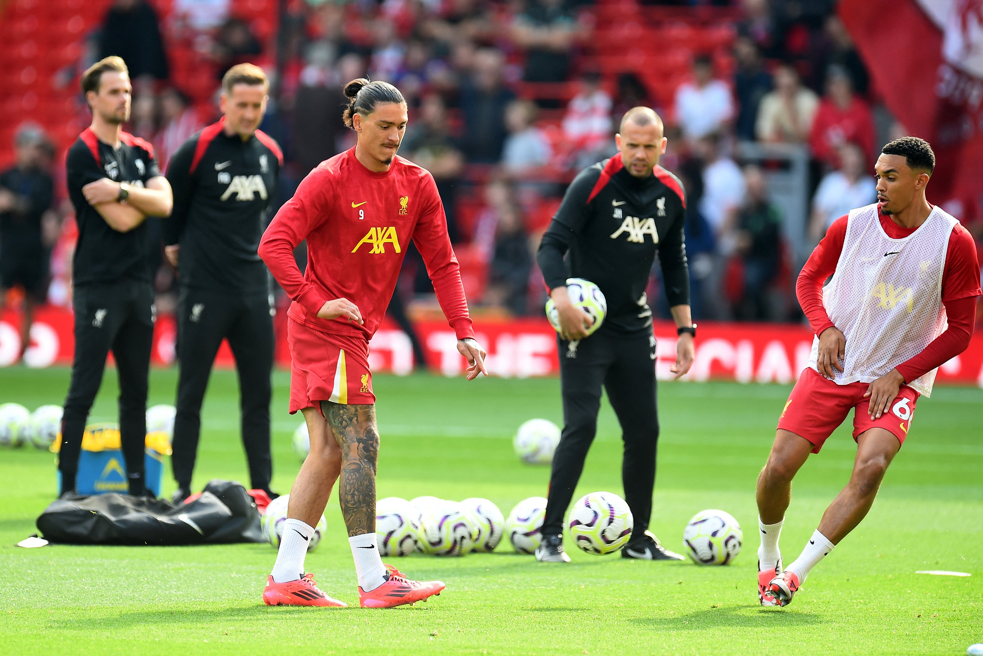 Soccer Football - Premier League - Liverpool v AFC Bournemouth - Anfield, Liverpool, Britain - September 21, 2024 Liverpool's Darwin Nunez and Trent Alexander-Arnold