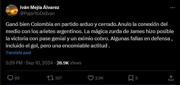 Mejía Álvarez dio su comentario final sobre el encuentro entre colombianos y argentinos y destacó la actitud de la selección de Lorenzo - crédito @PajaritoDeIvan / X