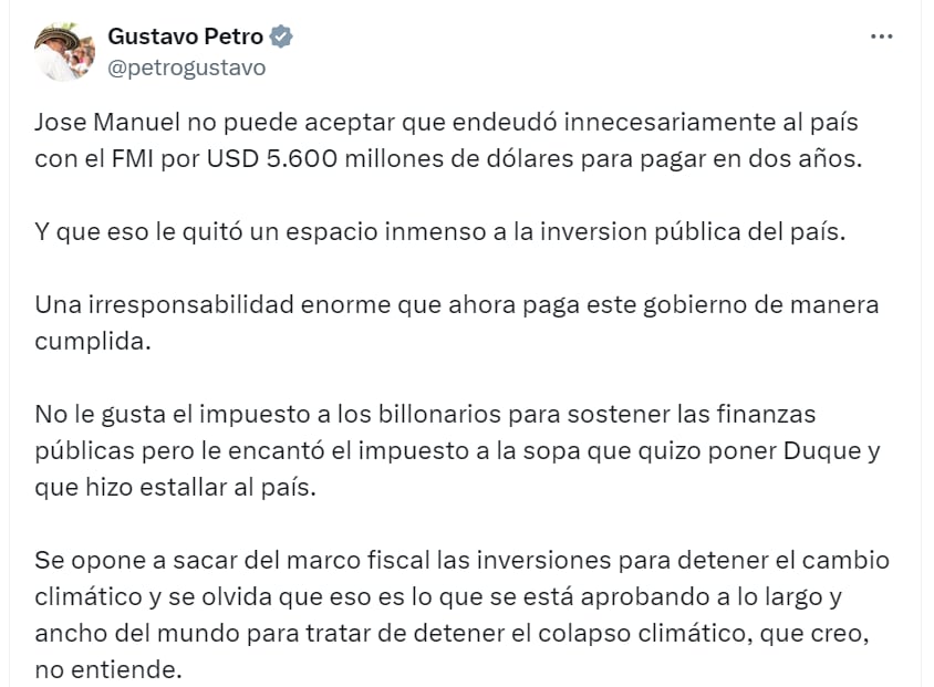 La respuesta de Petro a José Manuel Restrepo - crédito X