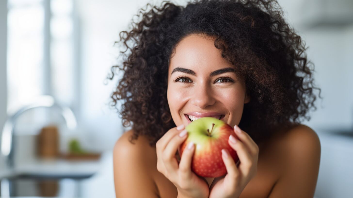 Imagen de una mujer sosteniendo una manzana jugosa, destacando la importancia de la nutrición y el cuidado del cuerpo. (Imagen ilustrativa Infobae)